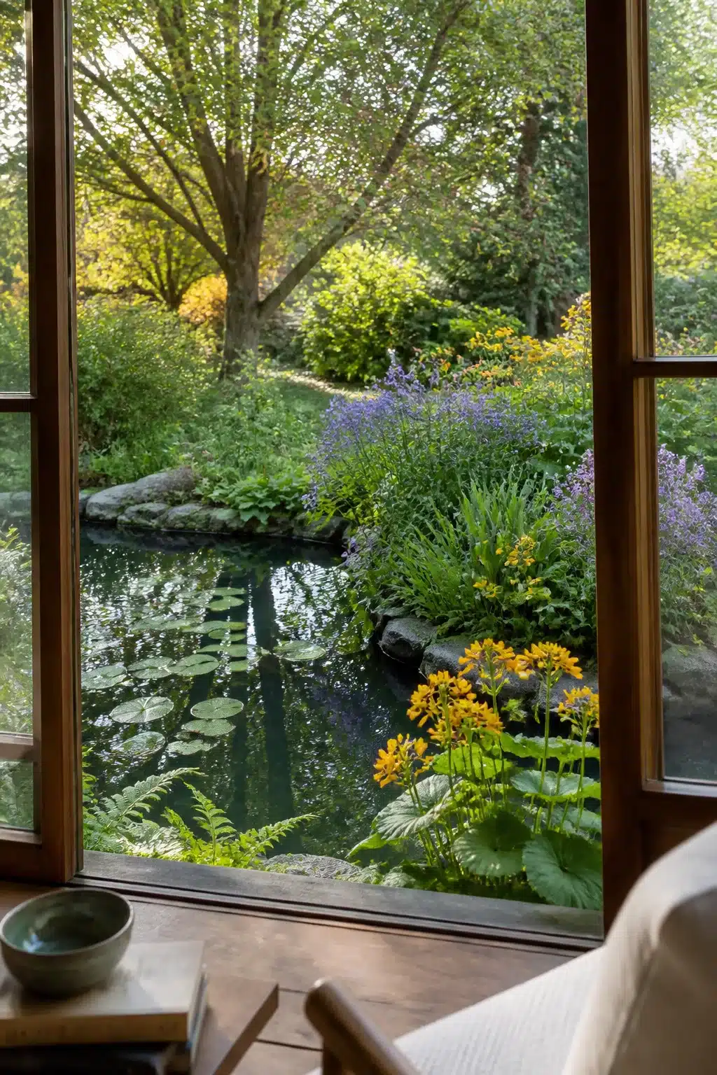 Small garden pond with purple catmint, yellow ligularia, lily pads, and bog planting viewed through a wood-framed window