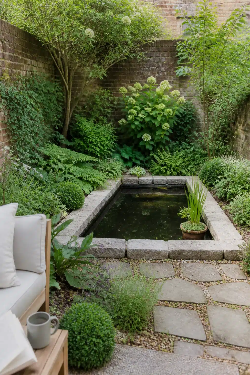 Small garden pond with granite sett edging, dark still water, hydrangeas and ferns in a walled courtyard