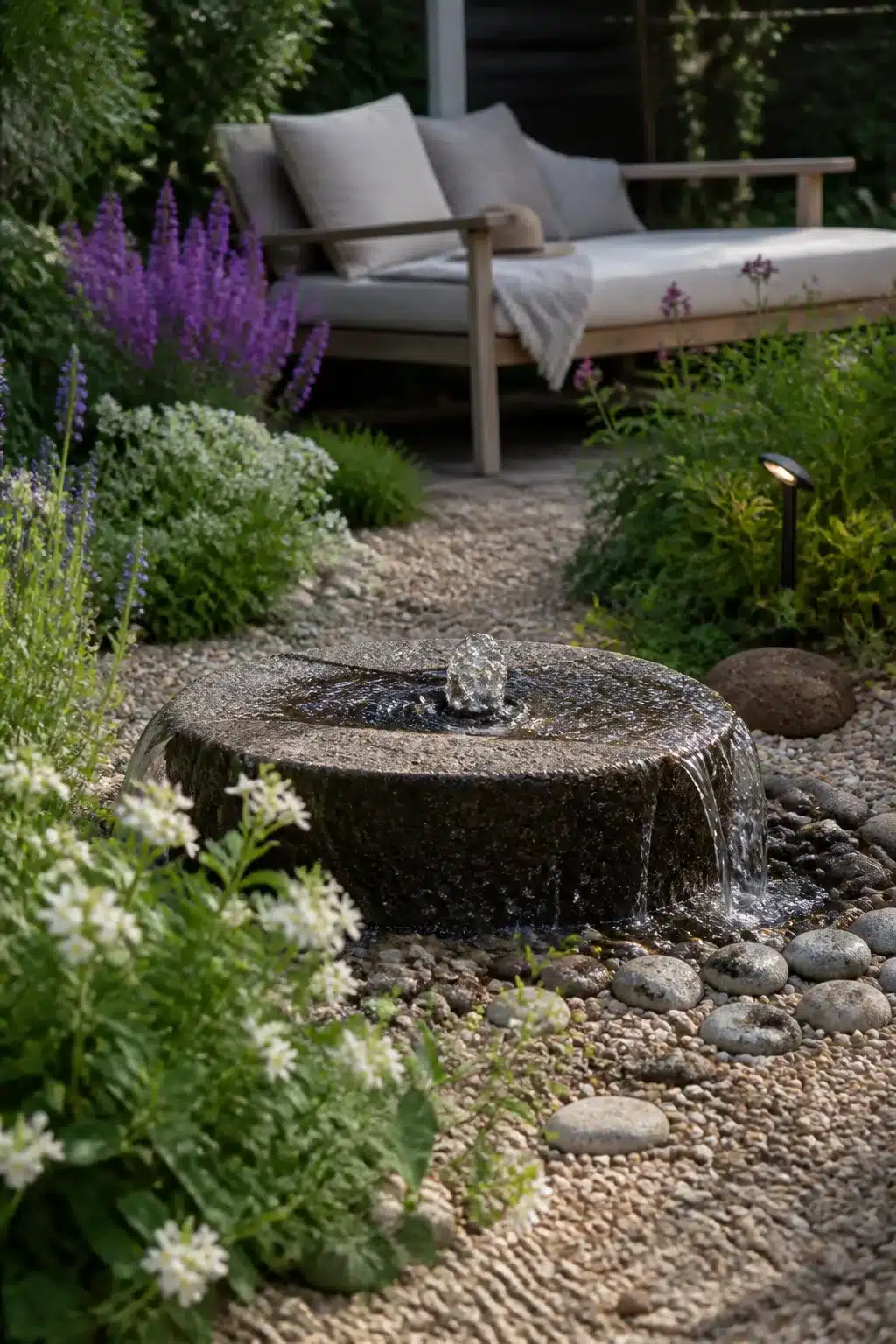 Millstone bubble fountain small garden pond with pea gravel, river pebbles, and purple salvia planting.