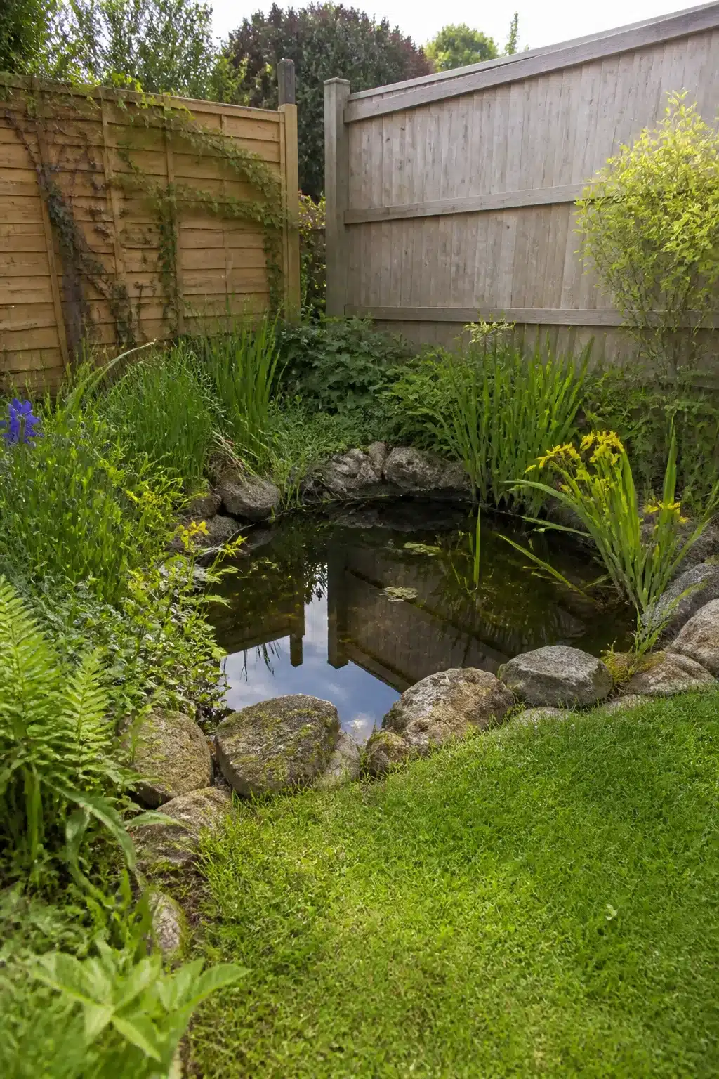 Rock-edged small garden pond in a backyard corner with iris and aquatic plants — small garden ponds idea
