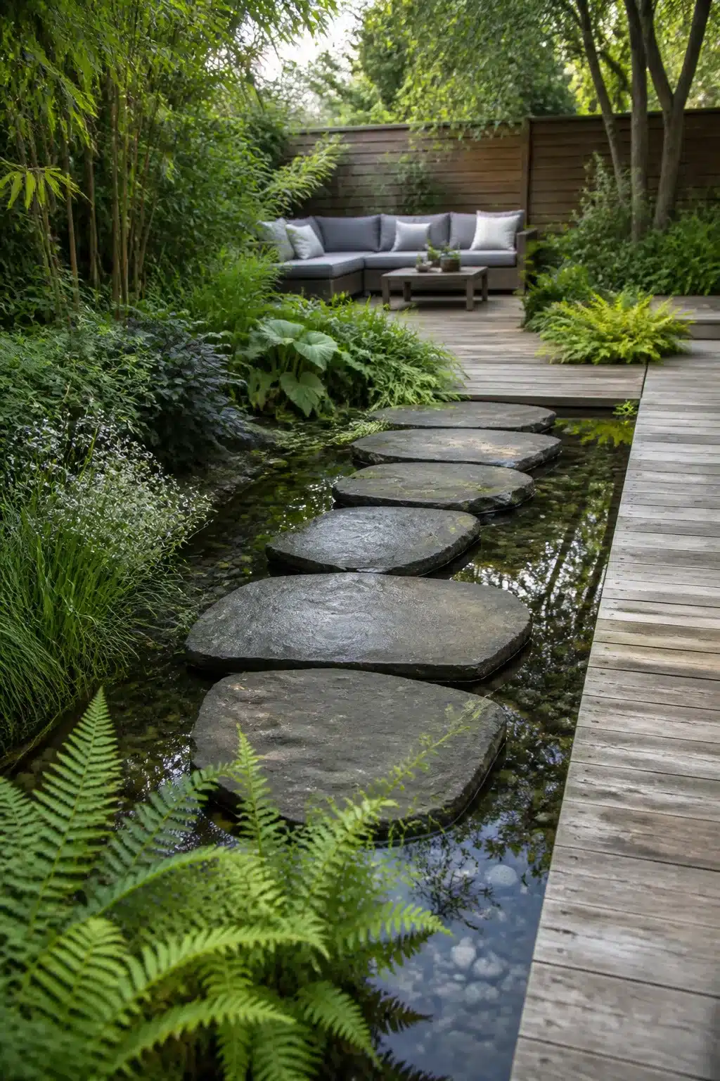 Slate stepping stones crossing a narrow rill pond in a lush garden — small garden ponds idea with ferns and deck seating.