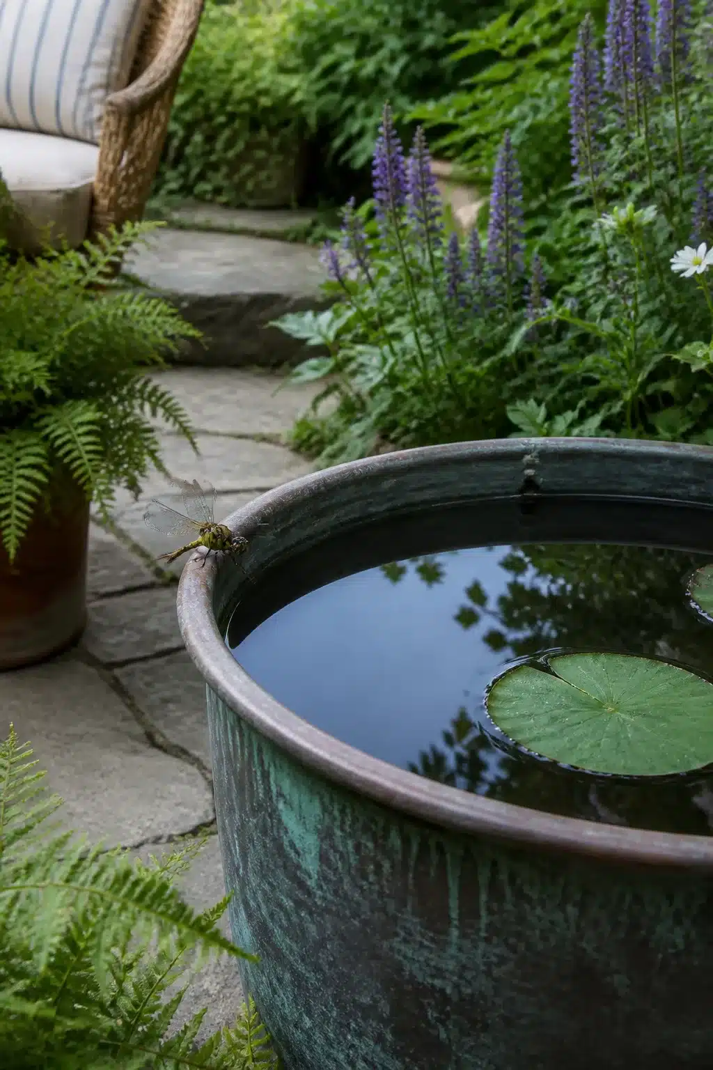 Verdigris copper trough small garden pond with lily pad and dragonfly on flagstone path surrounded by ferns and salvia