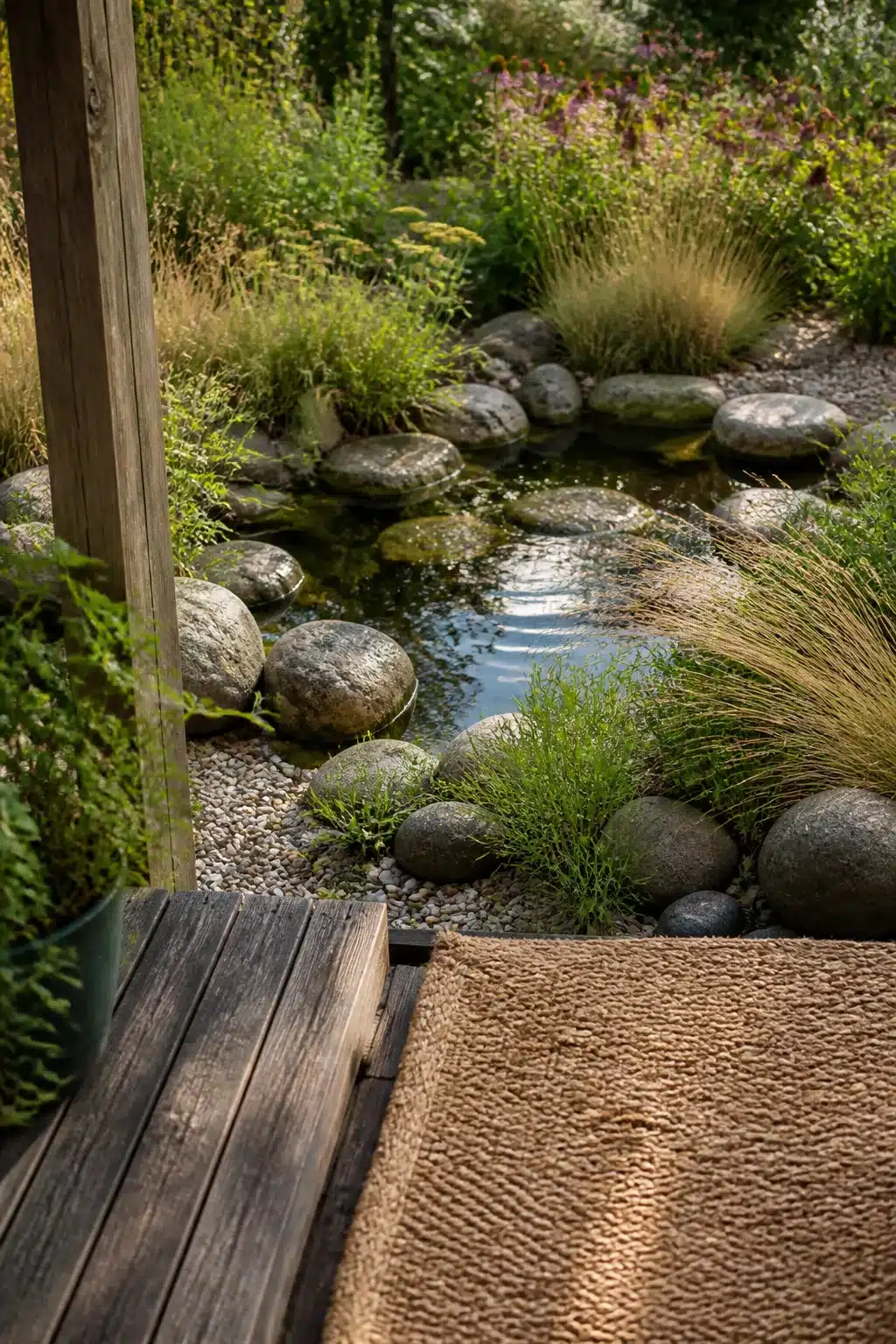 Boulder-edged small garden pond with pea gravel surround, clumping grasses, and a weathered timber deck nearby.