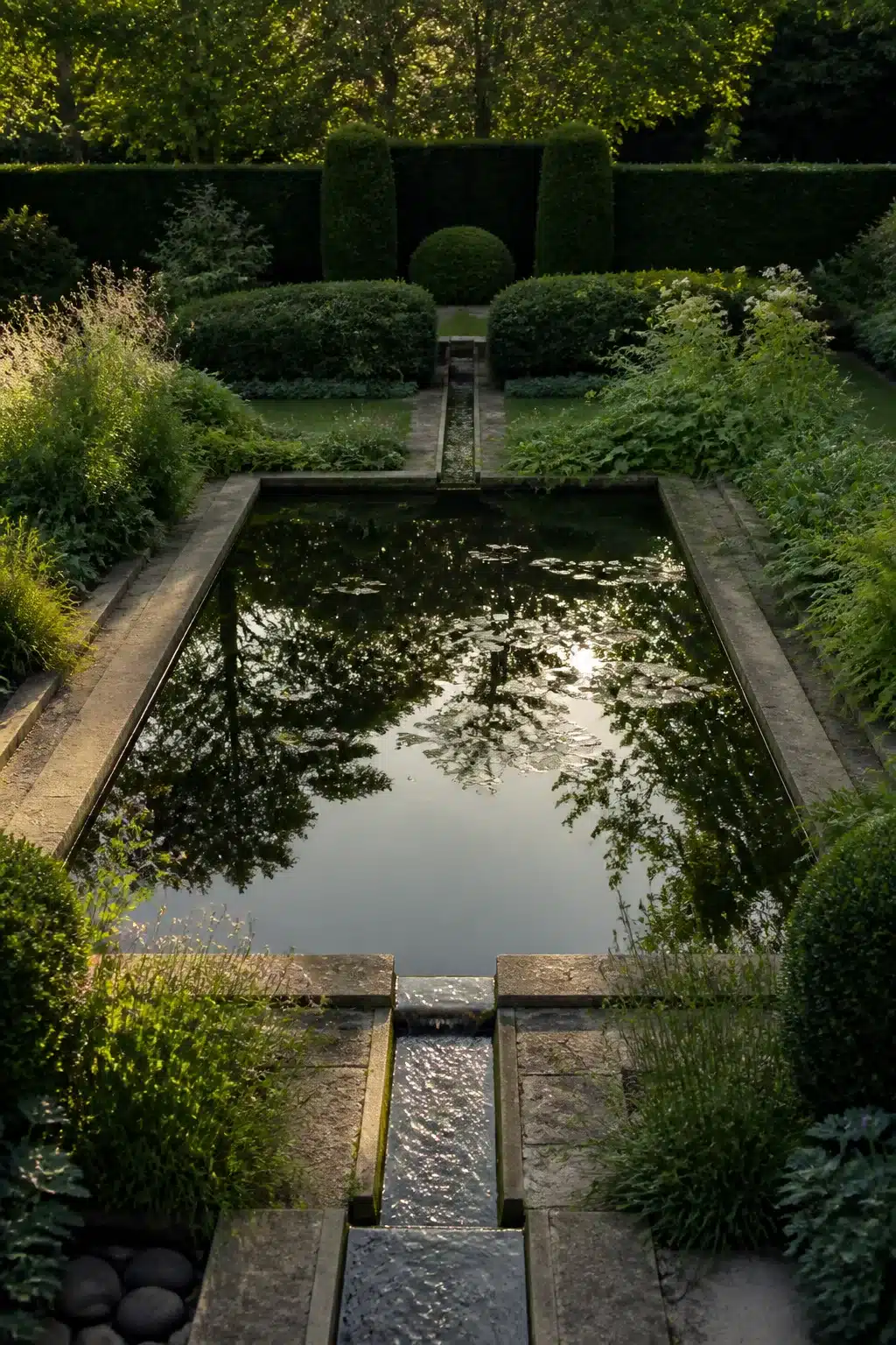Formal rectangular small garden pond fed by a stone rill with clipped topiary hedges and lush green planting surrounds.