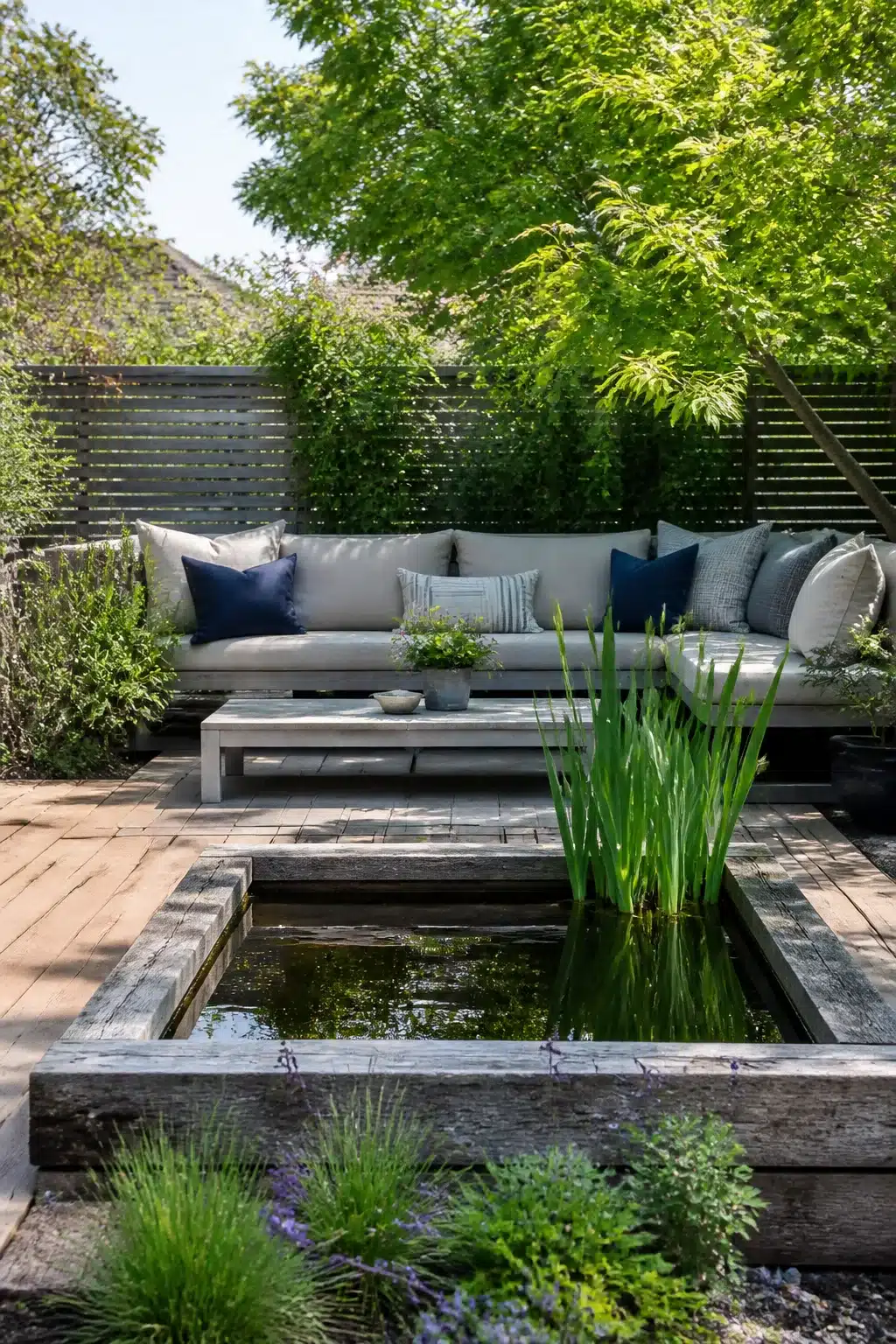 Raised timber-edged small garden pond set into wood decking with iris plants and outdoor seating behind.