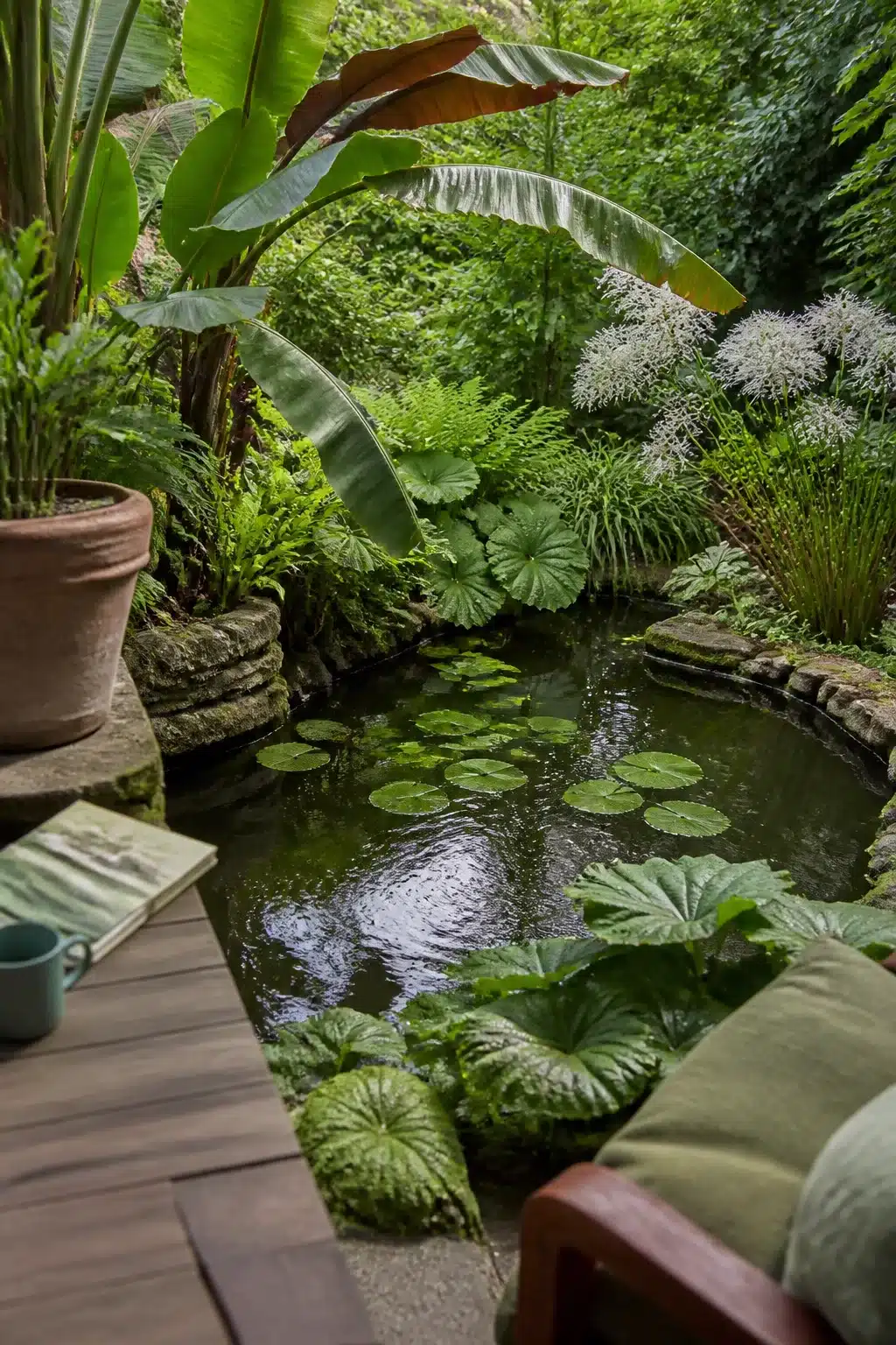 Small garden pond surrounded by banana leaves, lily pads, and white blooms with wooden deck seating alongside.