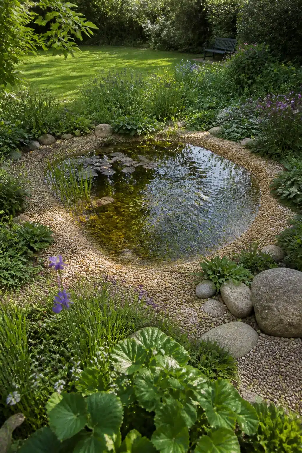 Small garden pond with pea gravel surround, rounded boulders, and lush planting in a naturalistic backyard setting.