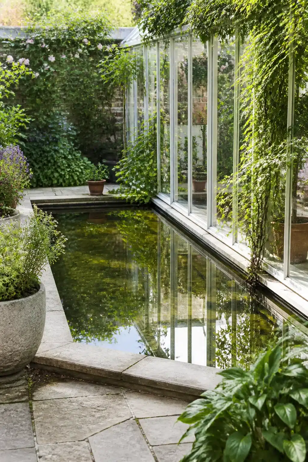 Narrow limestone-edged small garden pond reflecting a glasshouse wall with climbing vines and stone planters