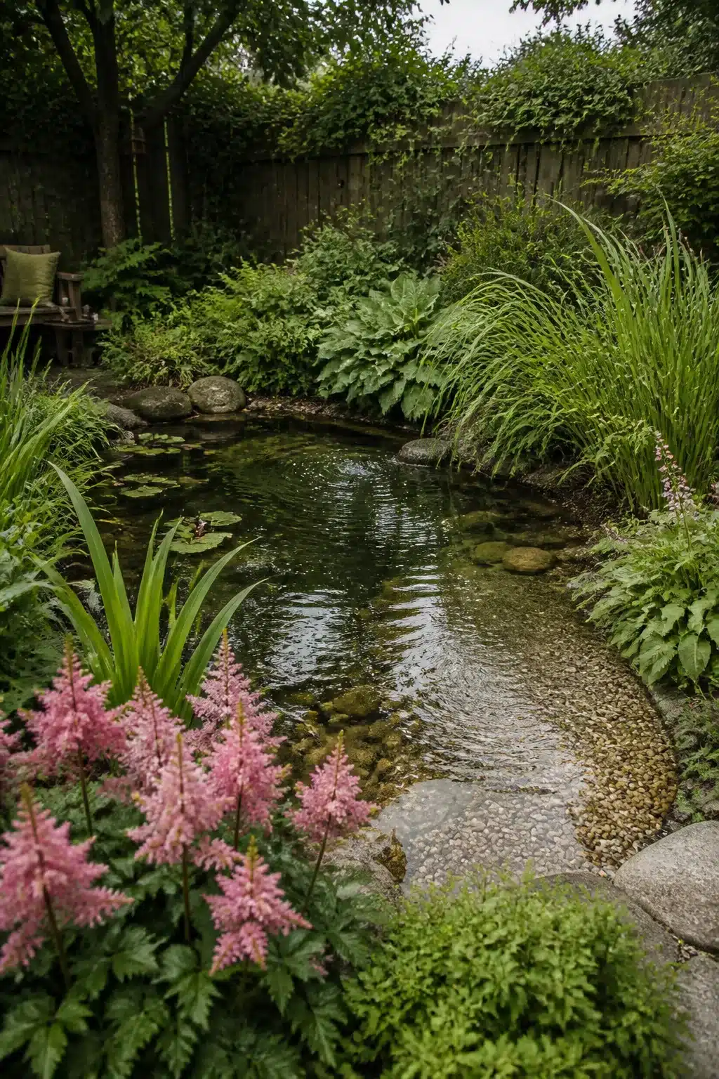 Small garden pond with pebble beach entry, pink astilbe, hostas and rushes in a shaded cottage garden.
