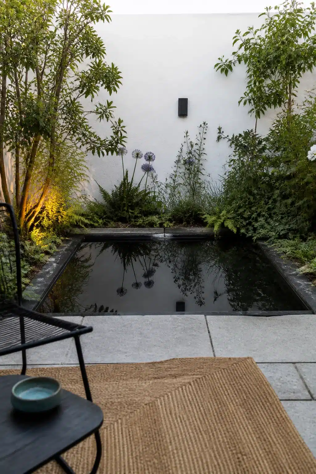 Small garden pond with black liner and reflective water surface, surrounded by ferns and alliums in a courtyard garden.