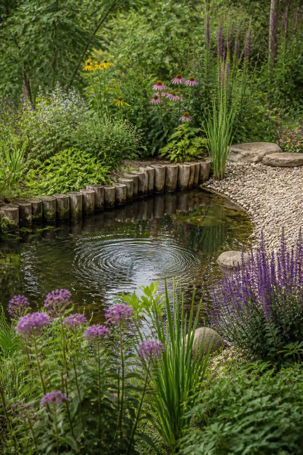Small garden wildlife pond with log roll edging, purple salvia, echinacea, and a gravel beach entry point.