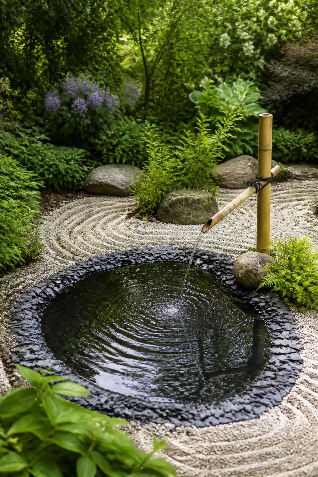 Small garden pond with bamboo water spout, raked gravel circles, and dark slate chip edging in a zen-style garden