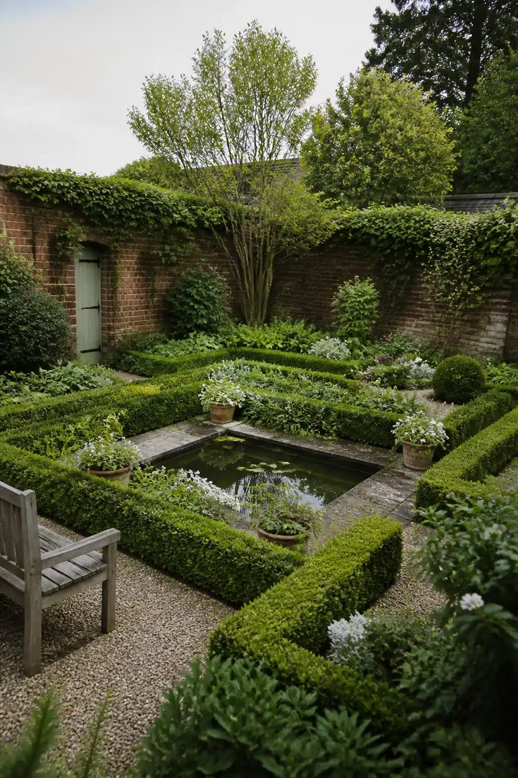 Small garden pond with clipped box hedging and gravel paths in a walled brick courtyard garden