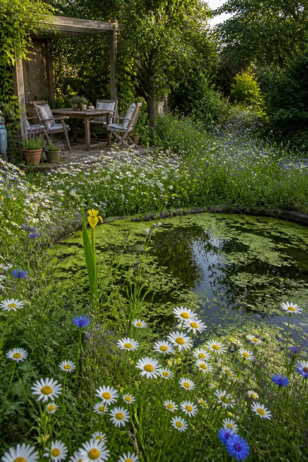 Small garden pond edged with ox-eye daisies and cornflowers, lily pads on water, pergola seating behind
