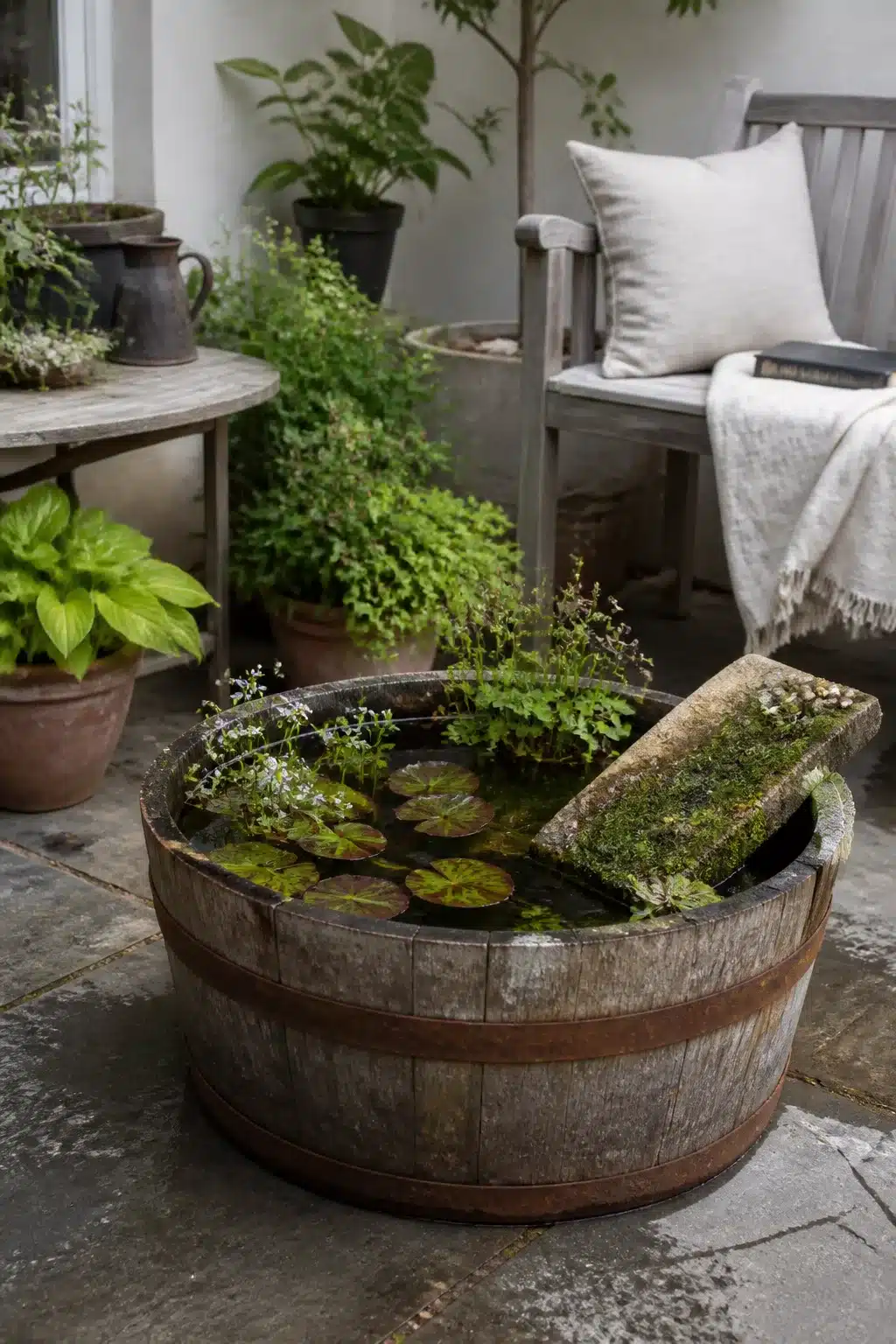 Weathered half-barrel small garden wildlife pond with lily pads, moss ramp & potted plants on slate patio