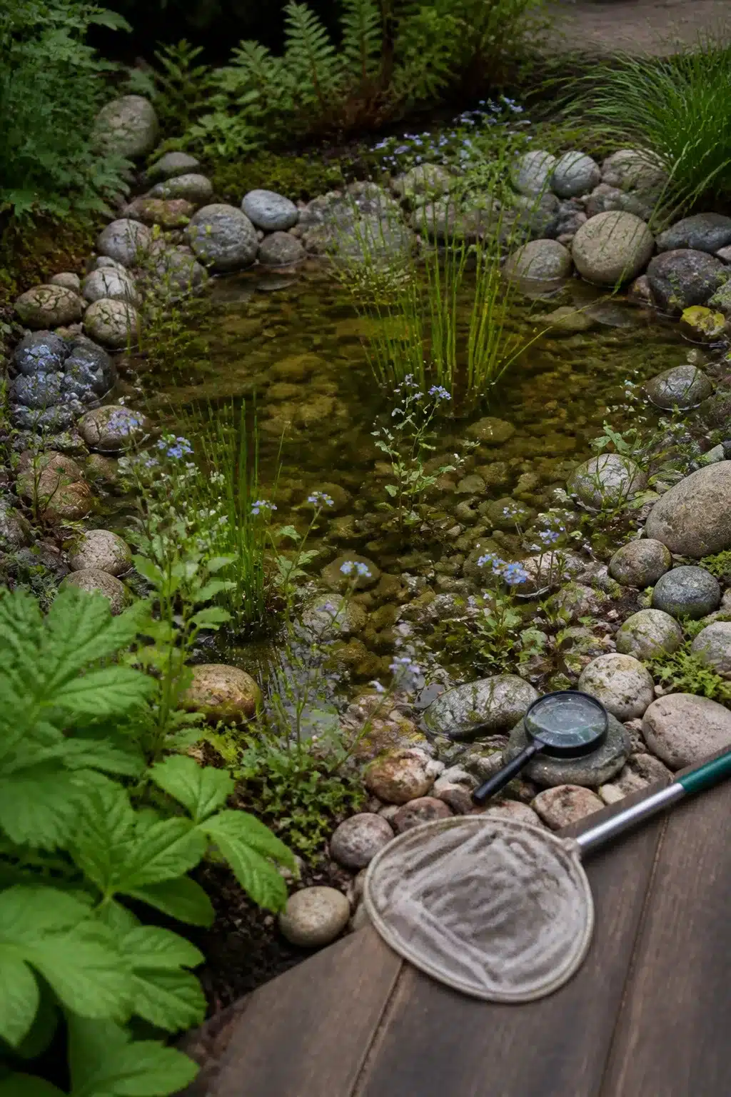 Children's small garden wildlife pond with cobble edging, forget-me-nots, rushes, dipping net and magnifying glass on deck.