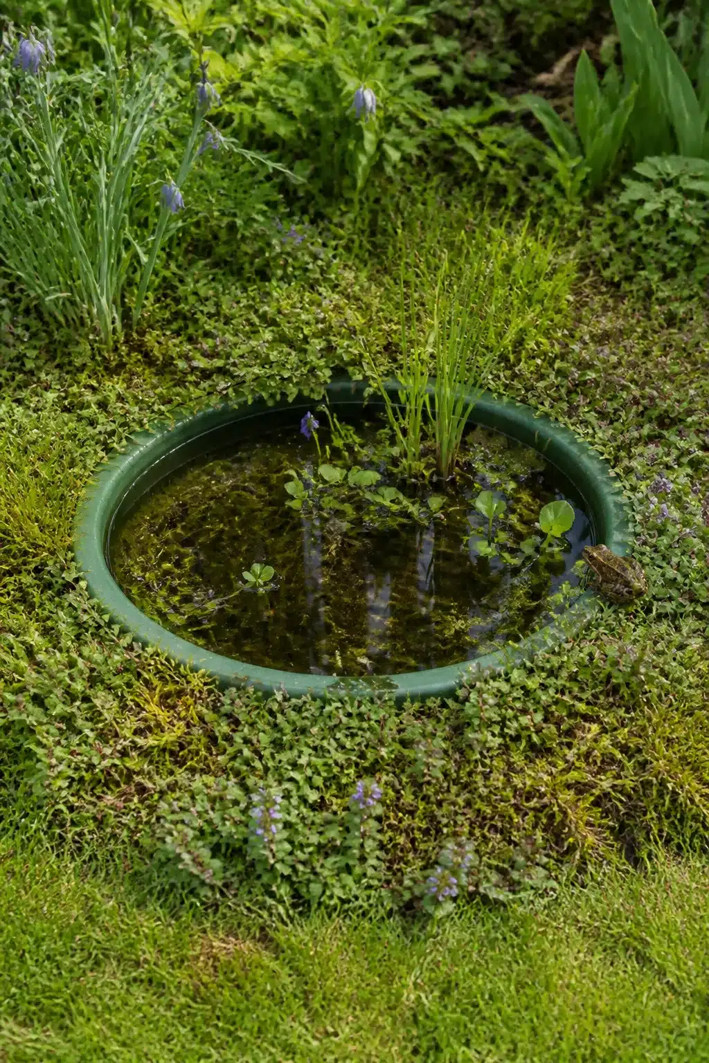 Sunken washing-up bowl small garden wildlife pond surrounded by moss and aquatic plants with a frog on the rim.