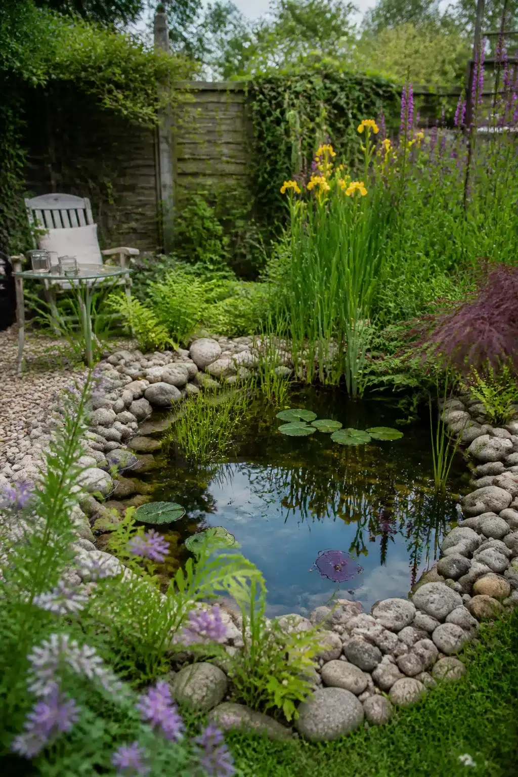 Small garden wildlife pond with river rock edging, lily pads, yellow irises, and a gravel surround in a lush backyard.