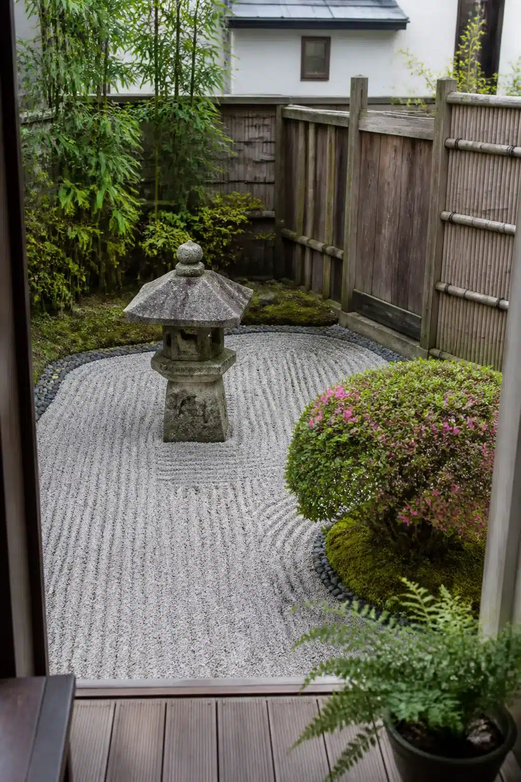 Small Japanese garden with raked gravel, stone lantern, clipped azalea, and bamboo fence in a compact courtyard.