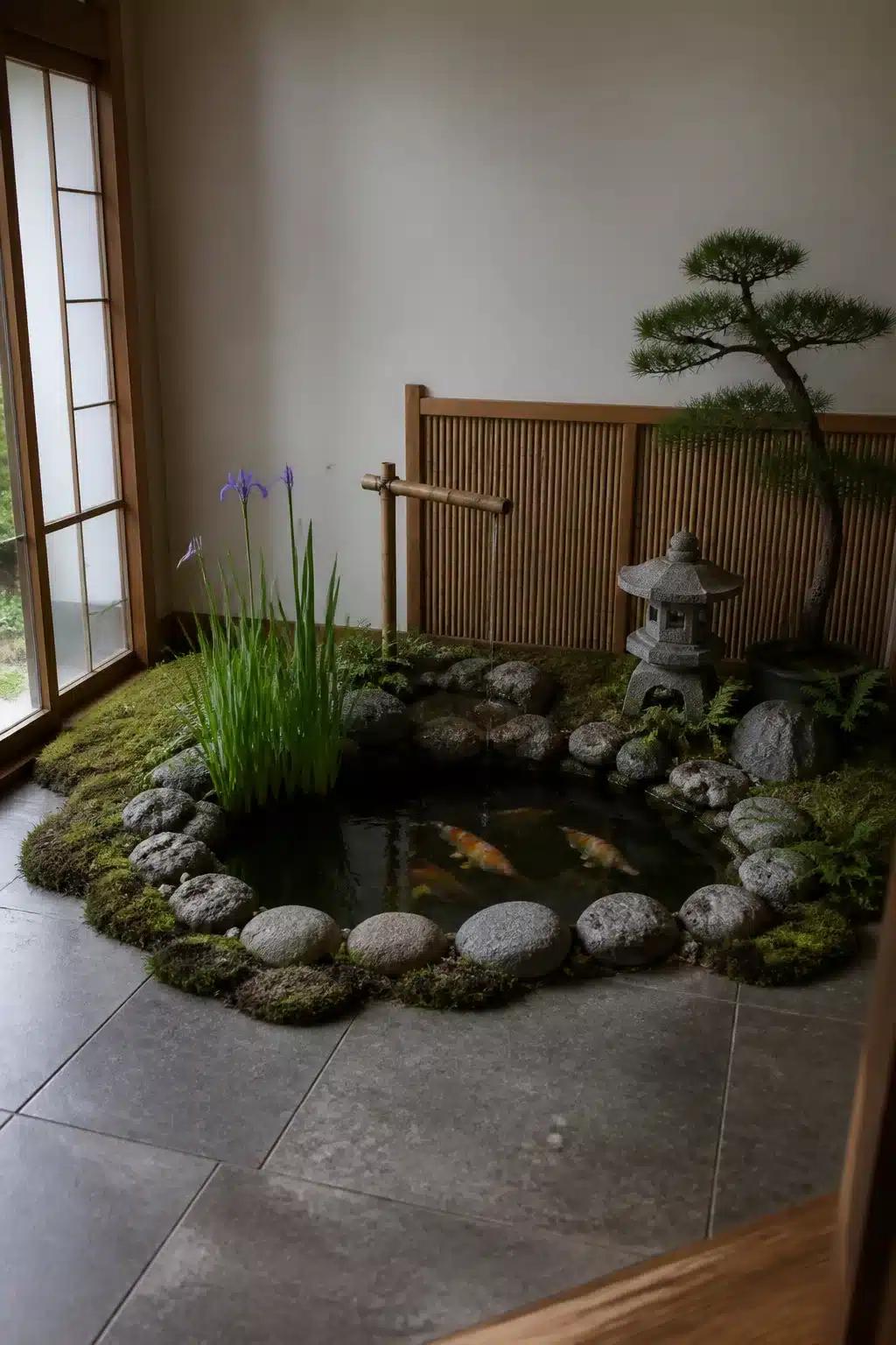 Small Japanese garden indoor koi pond with iris, moss, stone lantern, and bamboo screen backdrop