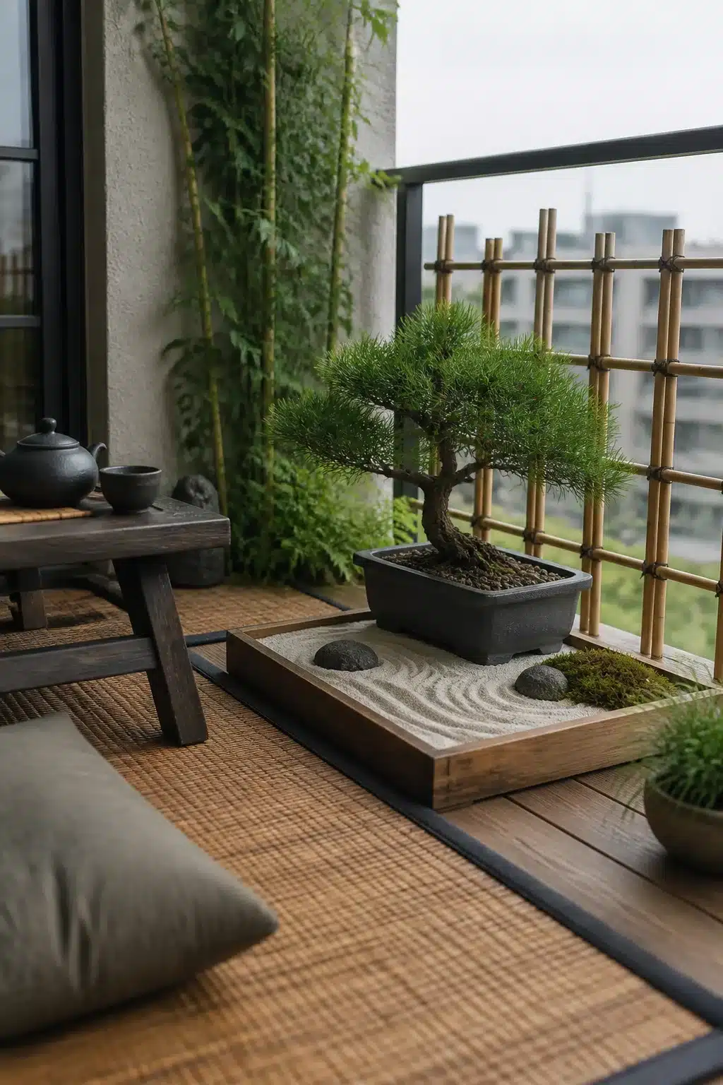 Balcony small Japanese garden with pine bonsai, raked sand tray, and bamboo trellis screen