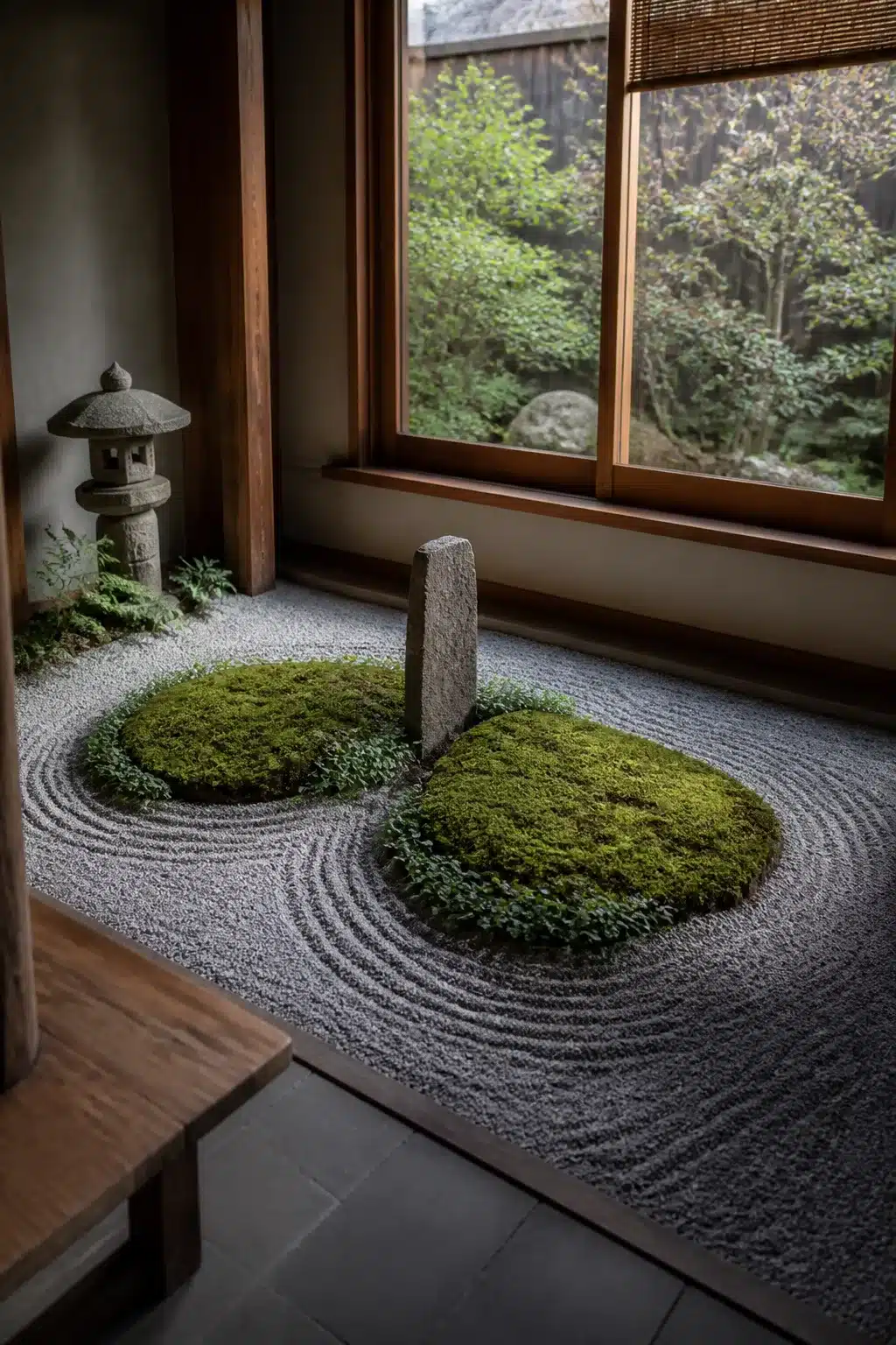 Small Japanese garden with raked gravel, circular moss islands, and a stone slab inside a room with a garden view