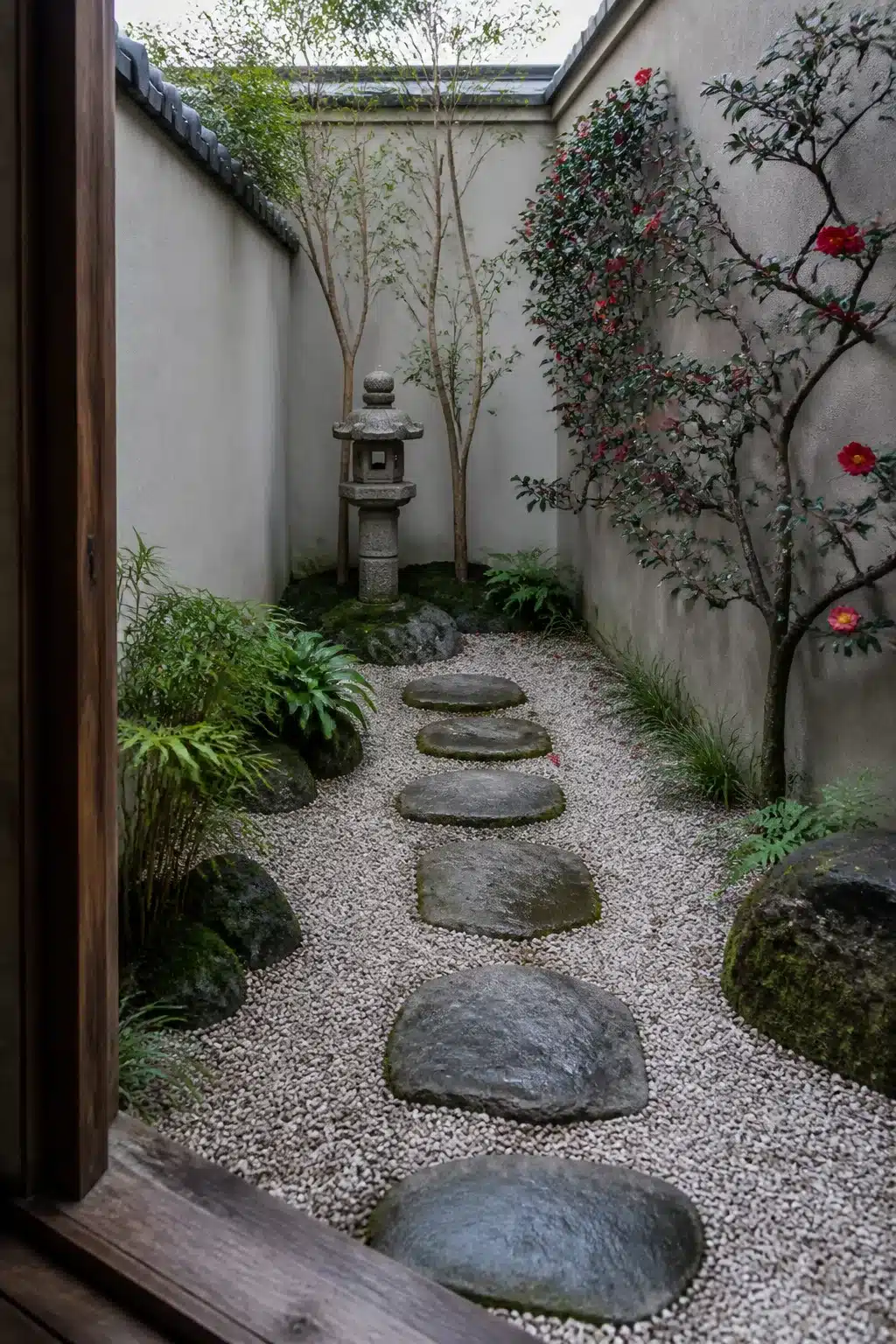 Narrow small Japanese garden courtyard with stepping stone path, pea gravel, stone lantern, and blooming camellia tree.