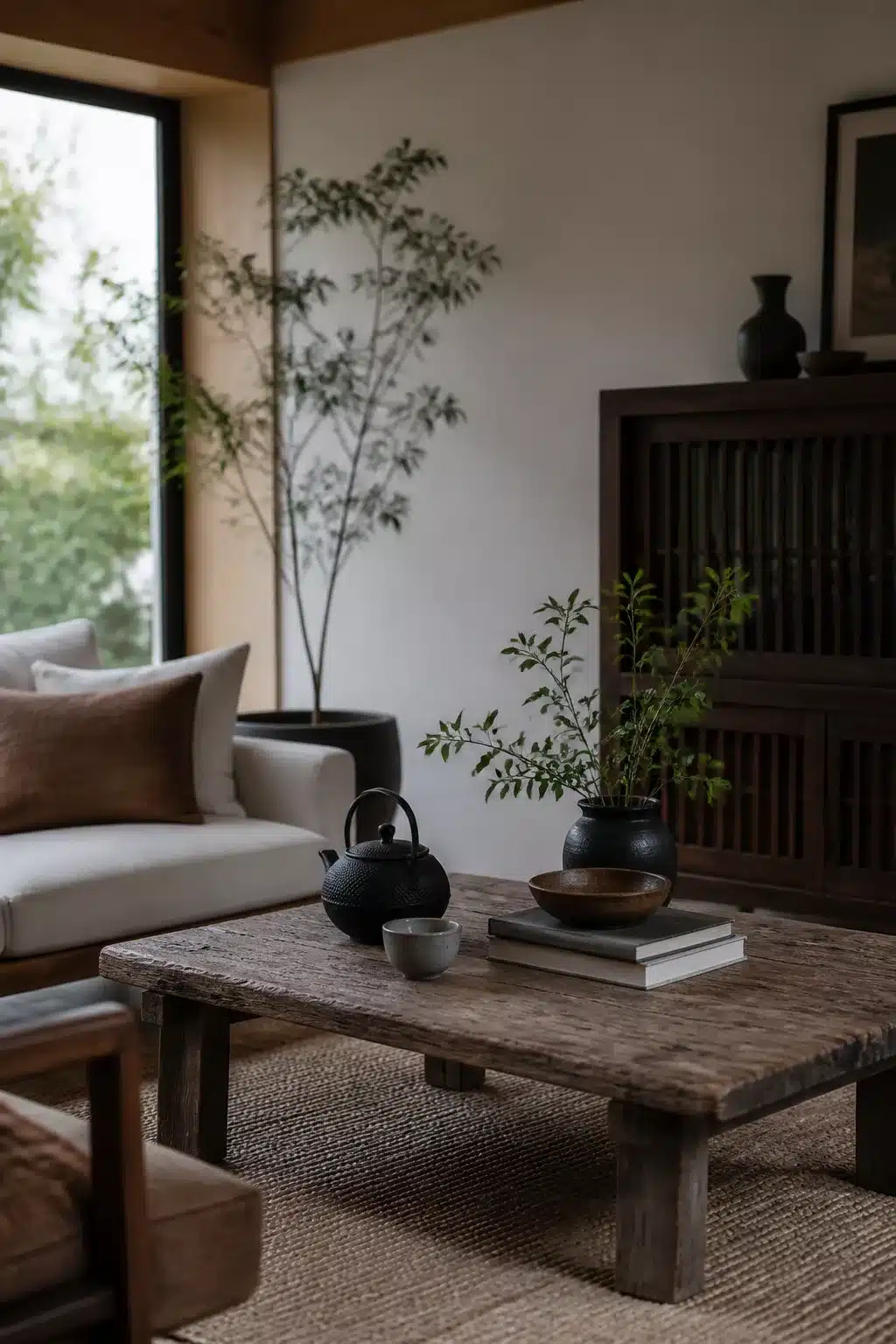 Japanese-inspired interior with cast iron teapot, reclaimed wood table, and branching plant — small Japanese garden style indoors