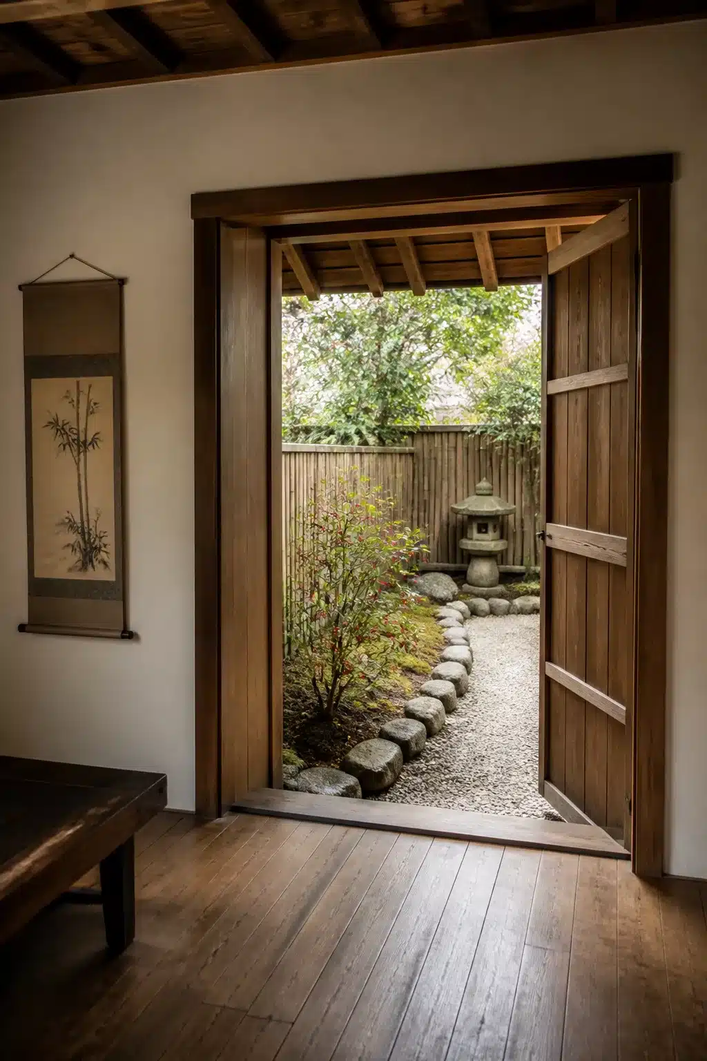 Dark timber doorway opening to a small Japanese garden with pea gravel, stone lantern, and Japanese maple.