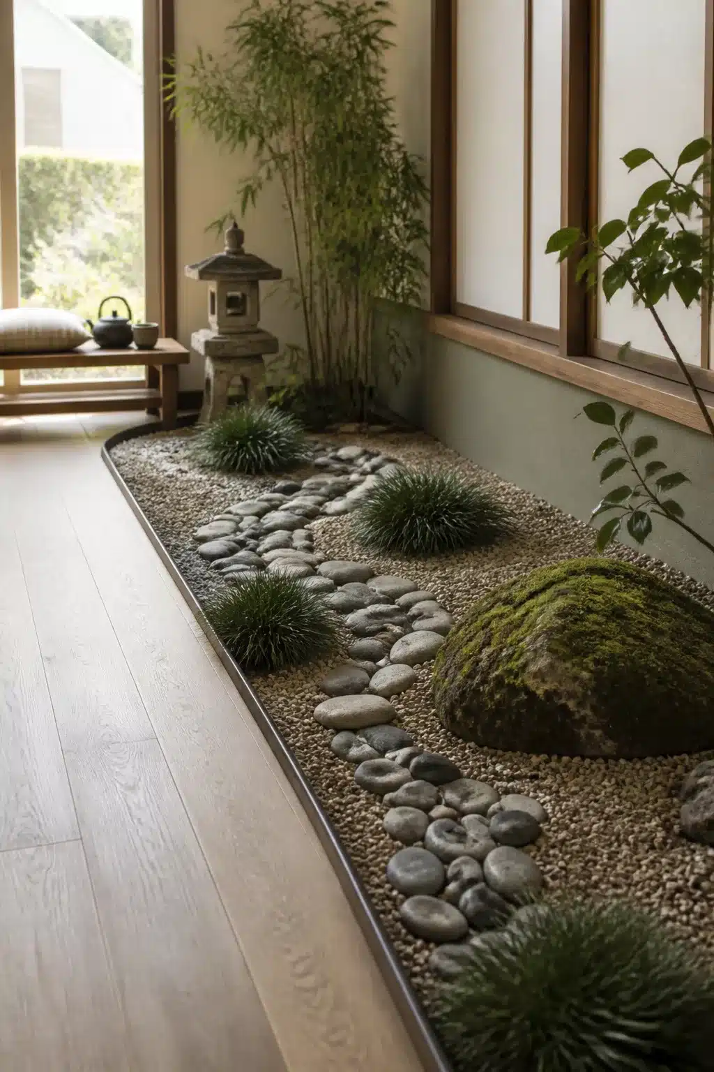 Small Japanese garden with dry pebble stream bed, grass tufts, and moss boulder along an indoor wall