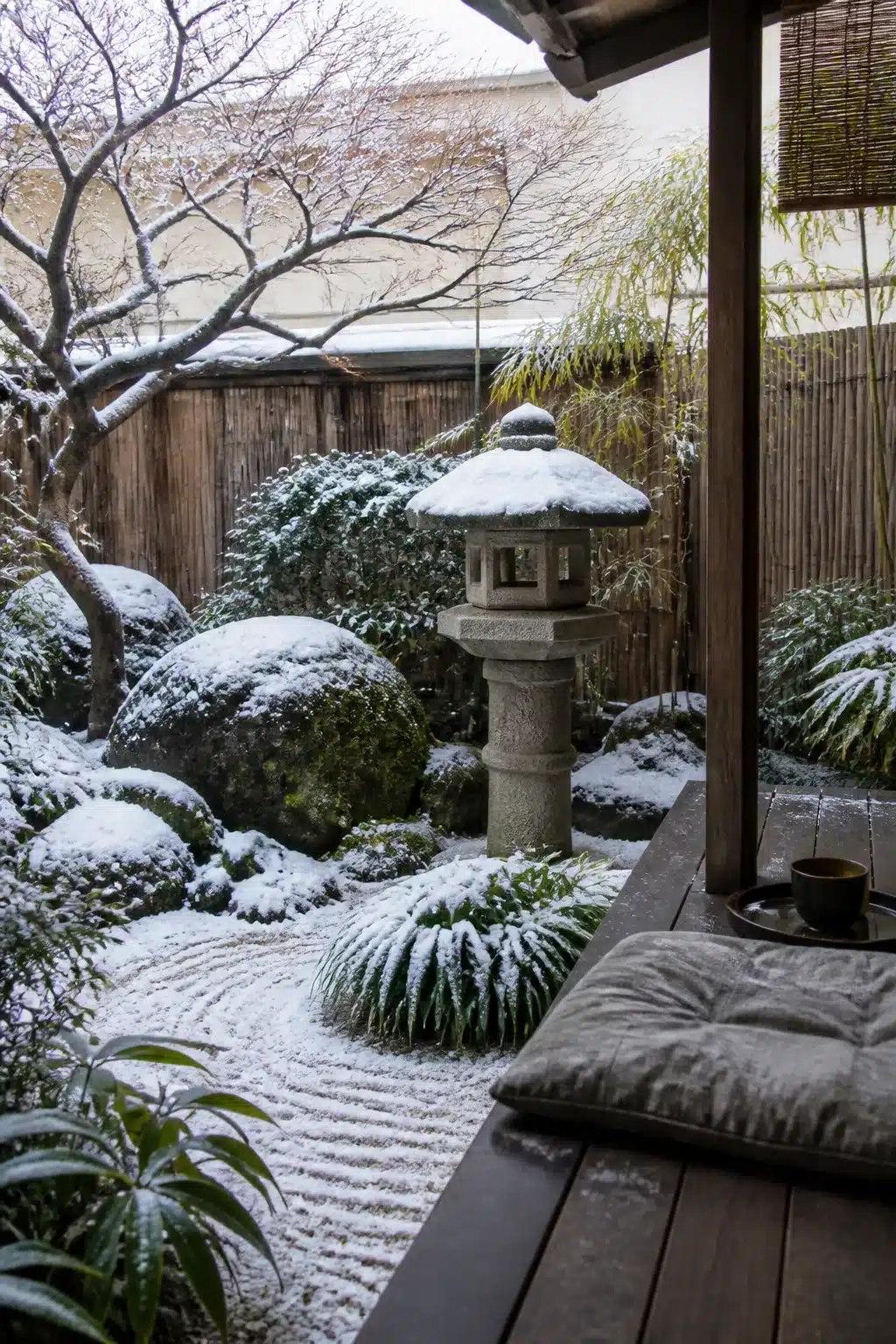 Small Japanese garden courtyard with snow-dusted stone lantern, clipped shrubs, raked gravel, and bamboo fence in winter.