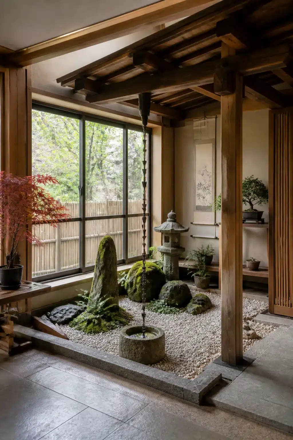 Small Japanese garden indoors with moss-covered rocks, gravel, stone lantern, and hanging chain water feature under wood beams.
