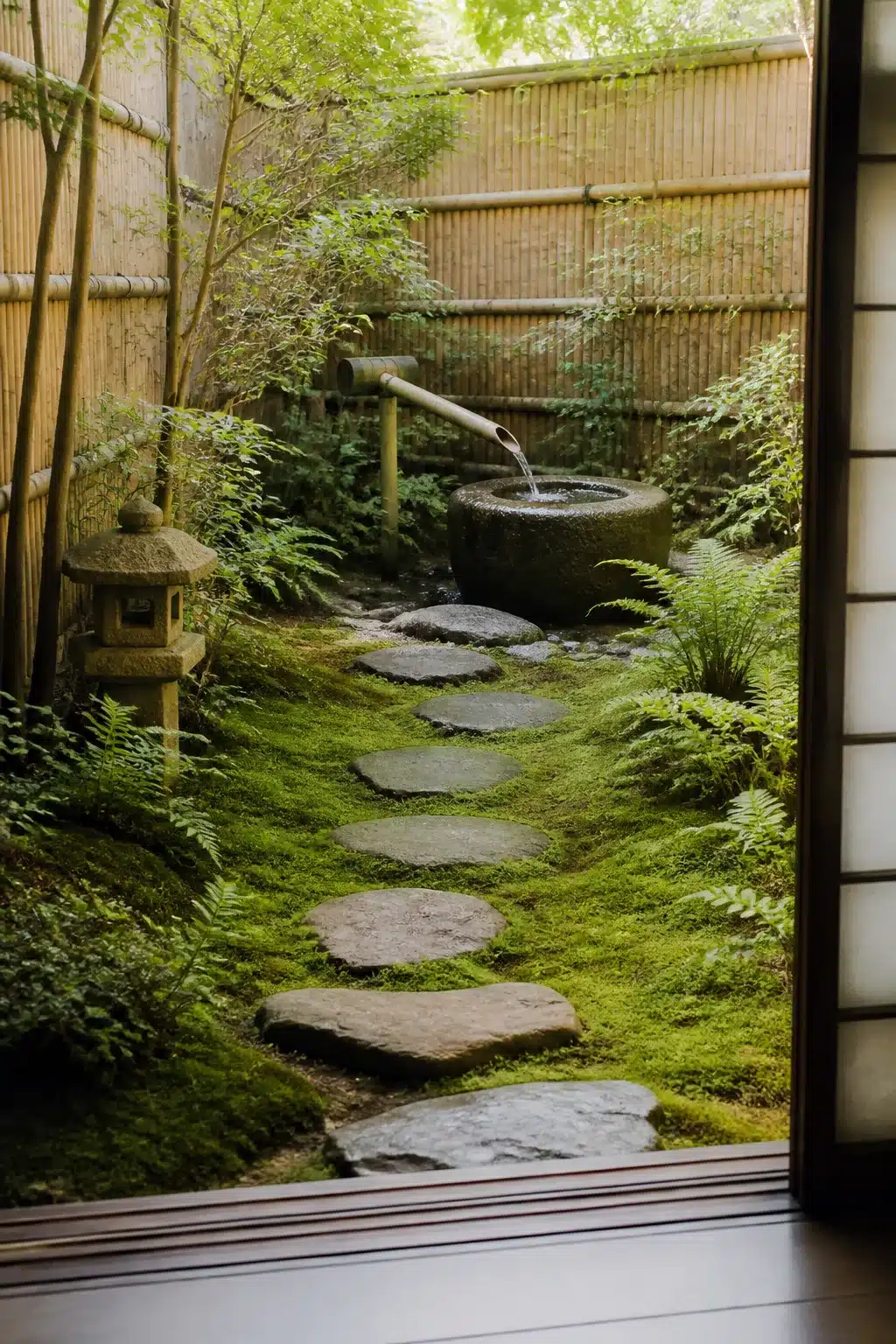Small Japanese garden with moss ground cover, flat stepping stones, bamboo water spout, and stone lantern behind shoji screen door.