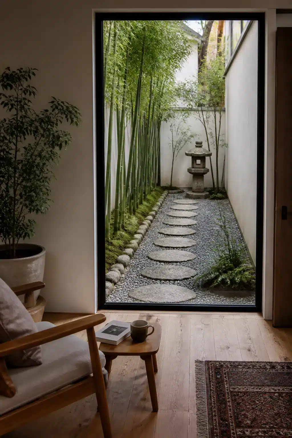 Round stepping stones and bamboo grove in a narrow small Japanese garden side passage with gravel and stone lantern.