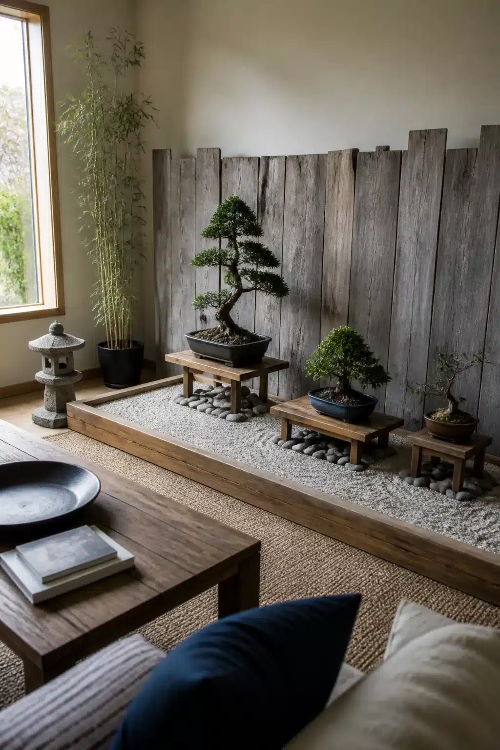 Small Japanese garden indoors with bonsai collection on wood stands, white gravel bed, river pebbles, and reclaimed wood wall
