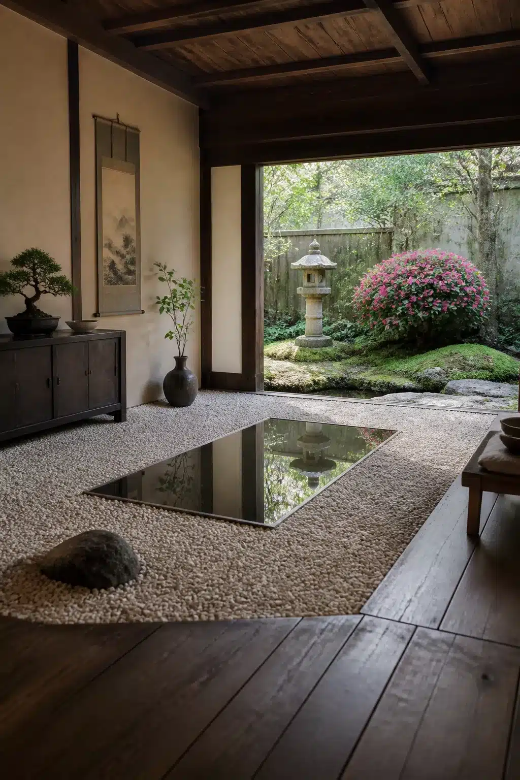 Small Japanese garden with recessed mirror pool, pebble floor, stone lantern, and azalea courtyard view
