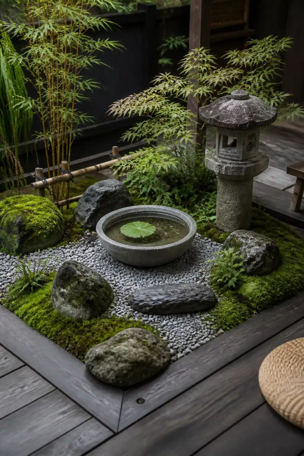 Small Japanese garden with stone bowl water feature, lotus leaf, gravel, moss, and bamboo on a dark timber deck.