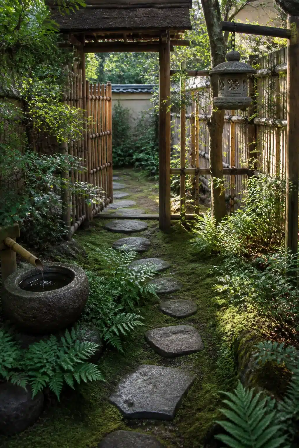 Small Japanese garden with bamboo gate, hanging stone lantern, fern groundcover, and stepping stone path.