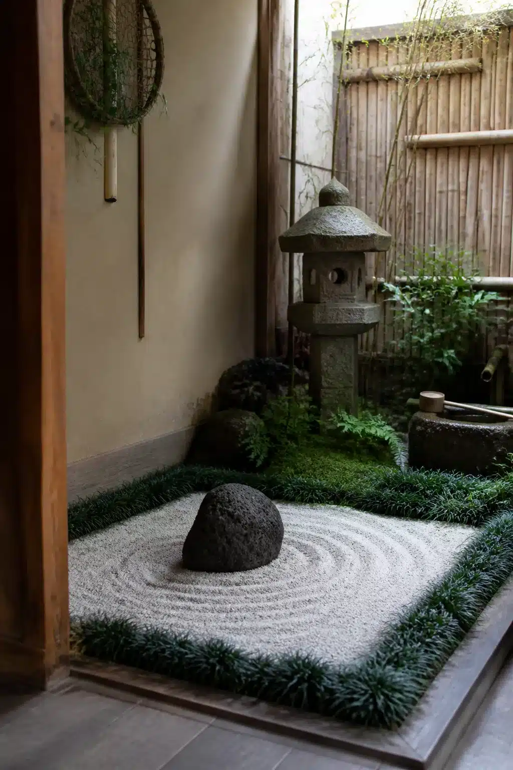 Small Japanese garden with raked white gravel square, volcanic rock, and stone pagoda lantern in a compact courtyard