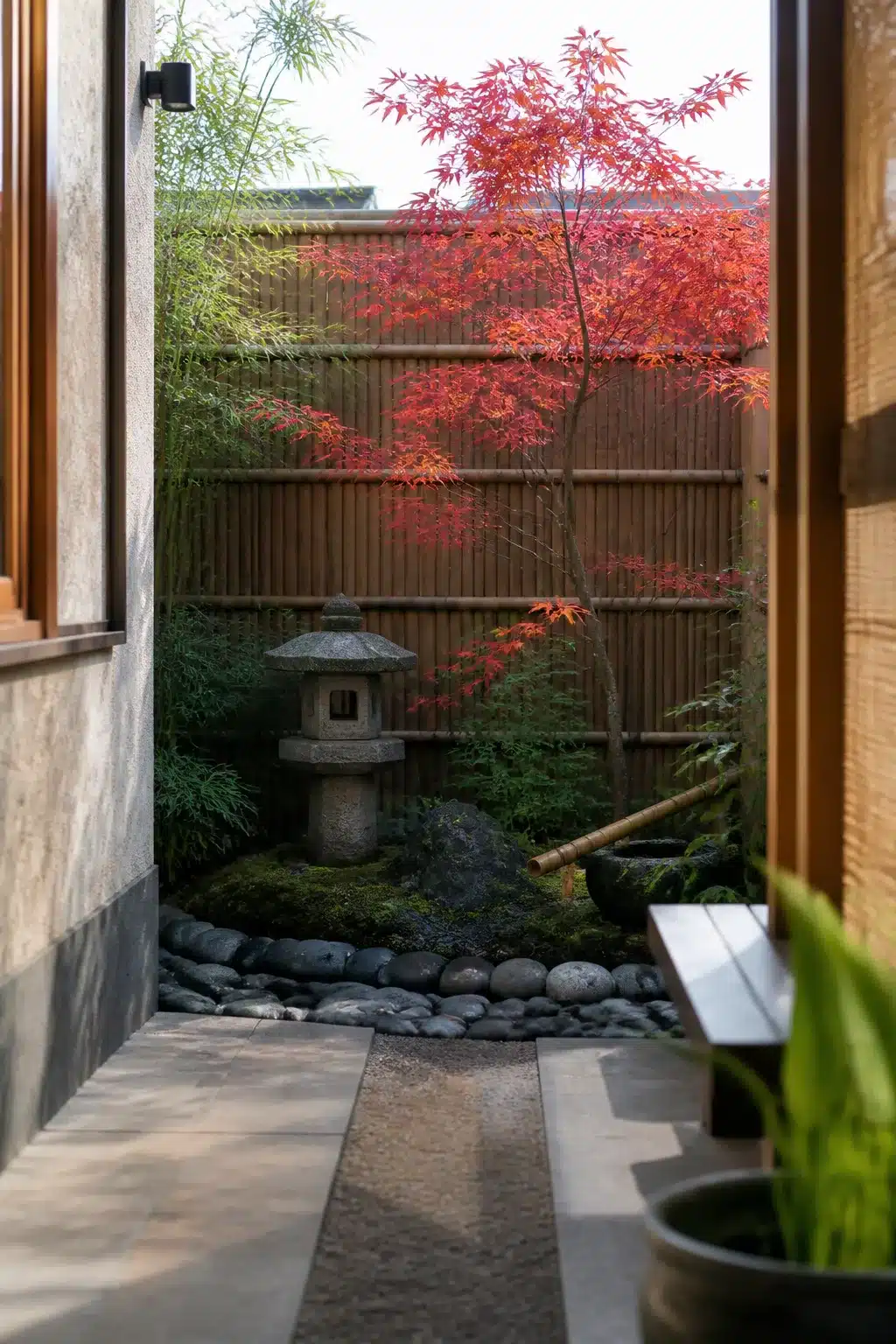 Small Japanese garden with bamboo screen fence, river pebbles, stone lantern, and red Japanese maple in a narrow courtyard.