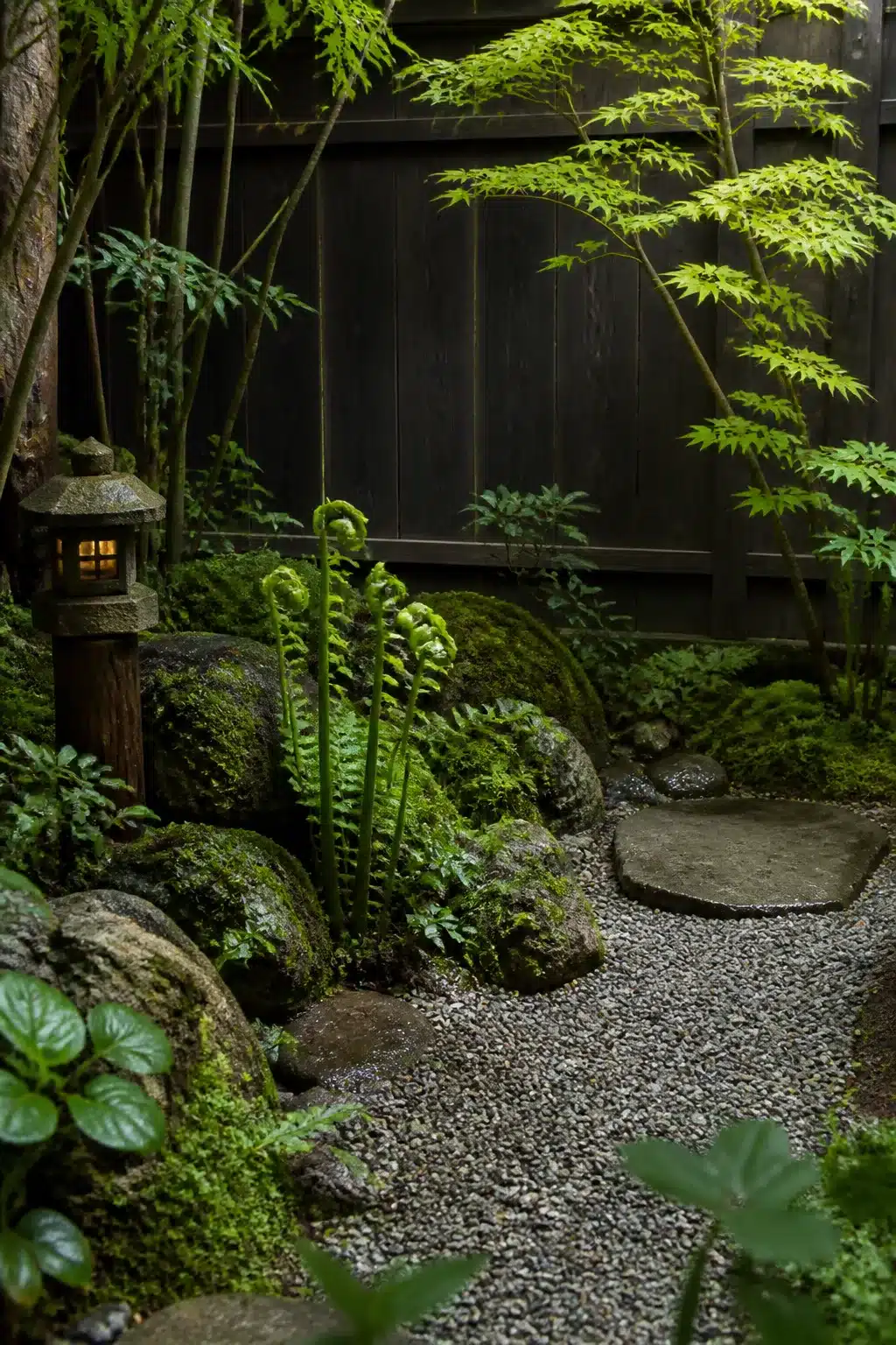 Small Japanese garden corner with fiddlehead ferns, moss-covered boulders, gravel path, and glowing stone lantern