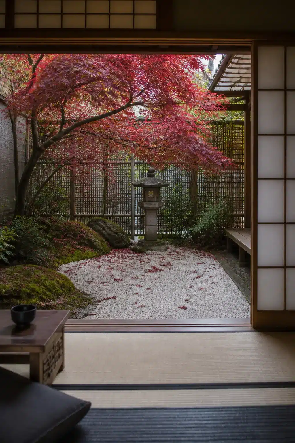 View from a tatami room of a small Japanese garden with red maple tree over raked sand and stone lantern