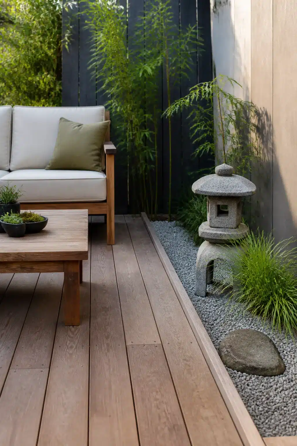 Small Japanese garden patio with timber deck, gravel strip, granite pagoda lantern, and bamboo backdrop.