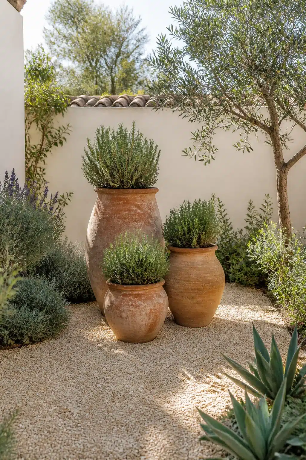Grouped terracotta urns with rosemary on gravel in a small Mediterranean garden courtyard with stucco wall