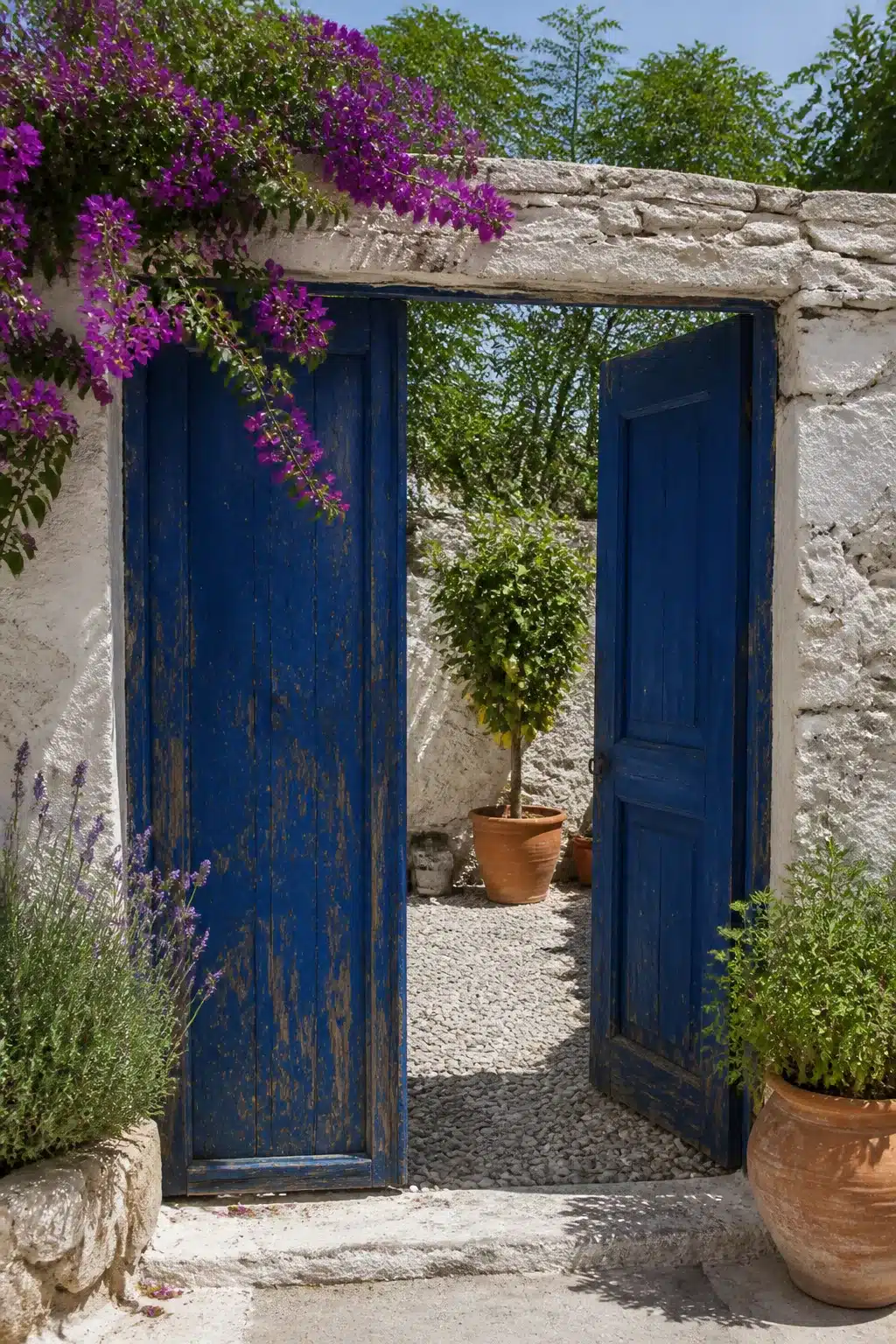 Weathered blue wooden gate set in a whitewashed stone archway in a small Mediterranean garden courtyard.