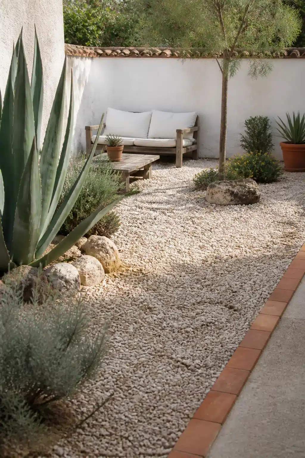 Small Mediterranean garden with pale gravel, bold agave plants, natural boulders, and a simple timber sofa against a white wall.