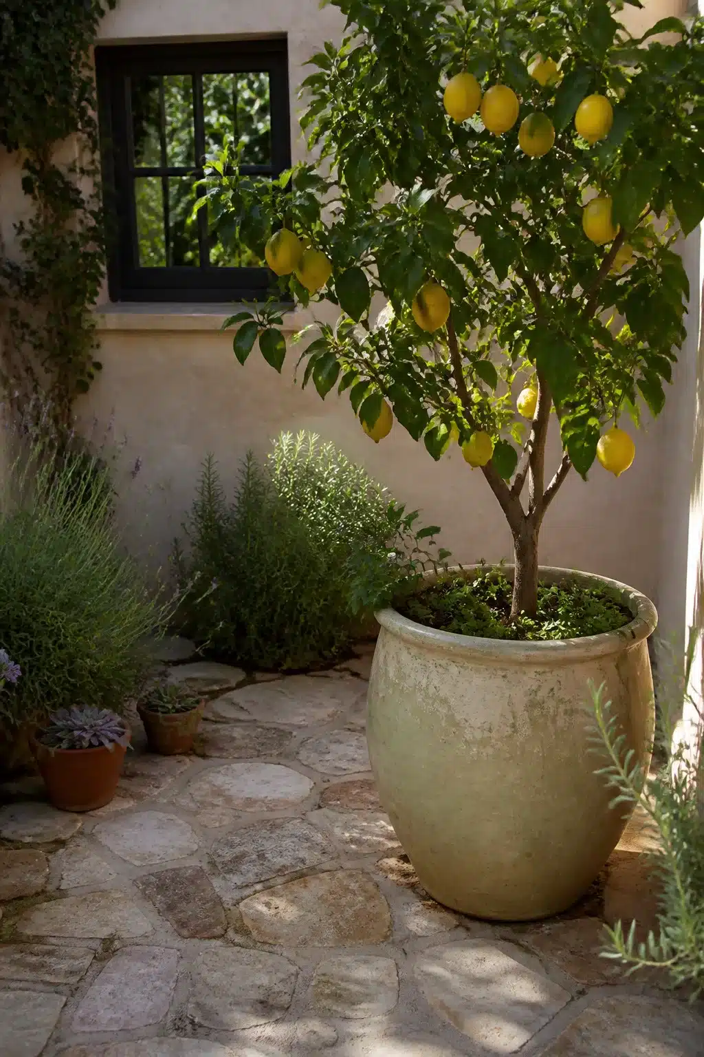 Lemon tree in a limewashed ceramic planter on flagstone paving in a small Mediterranean garden courtyard.