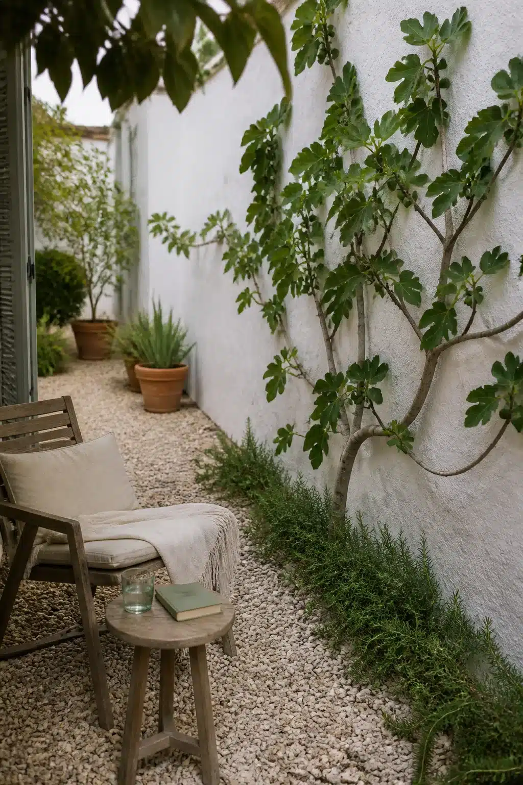 Narrow small Mediterranean garden with espaliered fig on white wall, gravel floor, and wood chair seating nook.