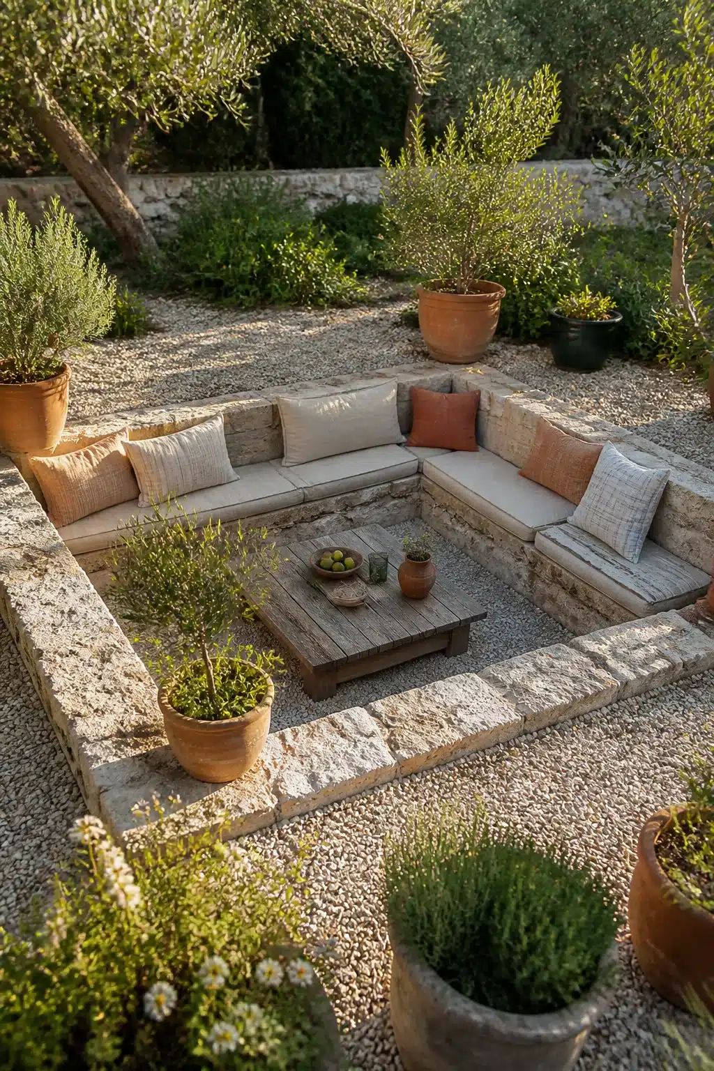 Sunken stone seating pit with gravel floor in a small Mediterranean garden outdoor space