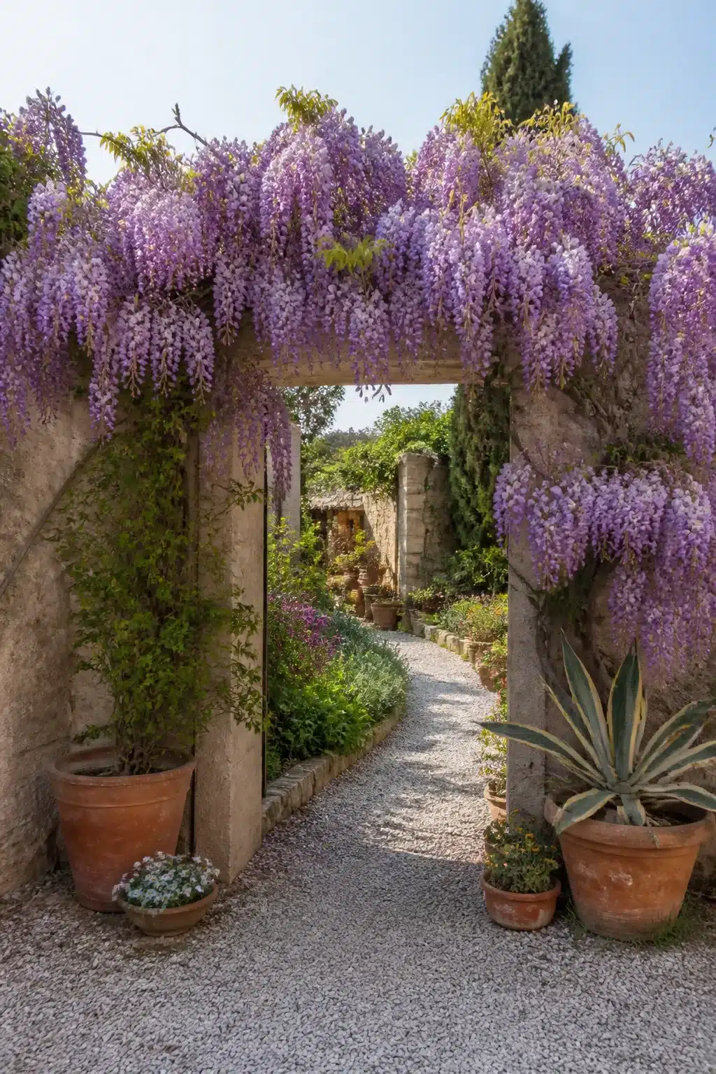 Wisteria-draped stone arch over gravel path in a small Mediterranean garden with terracotta pots and agave